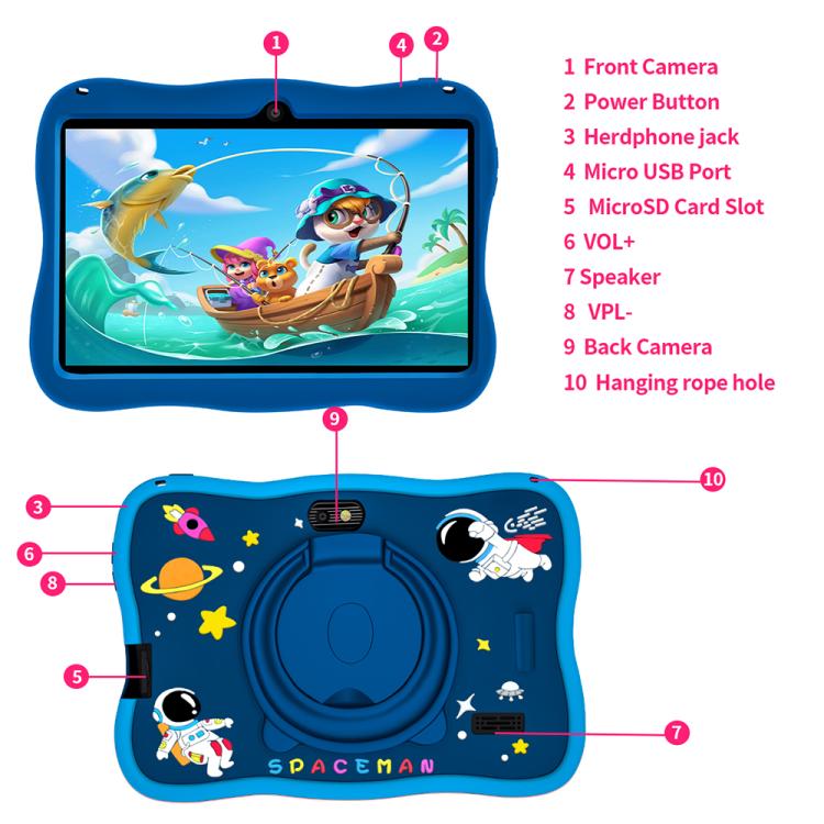 Tablet PC Infantil BDF WiFi 7 polegadas com Capa de Silicone Homem do Espaço, 2GB+32GB, Android 8.1 MTK6735 CPU Quad Core, Plugue EUA, 4GB+64GB