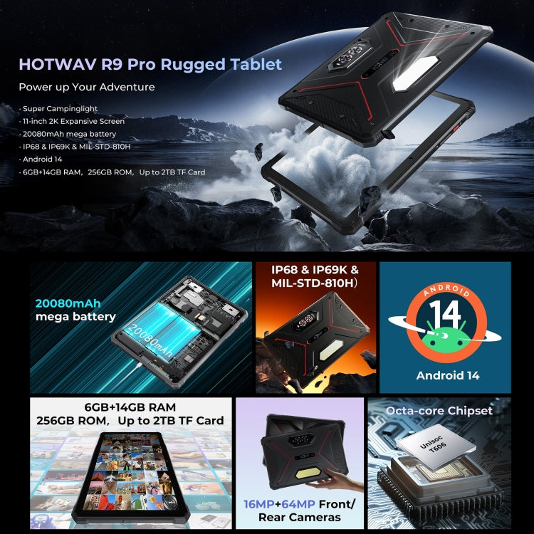HOTWAV Tab R9 Pro Tablet Robusto IP68/IP69K, 6GB+256GB, 11 polegadas Android 14 Unisoc T606 Octa Core Rede 4G, Versão Global com Google Play, Plugue UE, Tab R9 Pro
