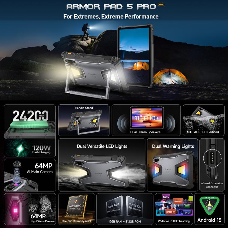 Tablet PC Robusto Ulefone Armor Pad 5 Pro, 12GB+512GB, 11 polegadas Android 15 MediaTek Dimensity 7400X Octa Core 5G, Plugue UE, Armor Pad 5 Pro
