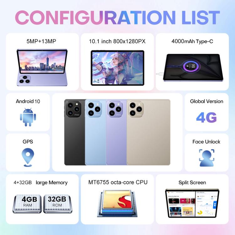 Conjunto Combo Tablet PC Pad 8 Pro 10,1 polegadas 4G LTE, 4GB+32GB, Android 10 MT6755 Octa Core, com Teclado / Rato / Capa de Pele, Ficha Reino Unido, Ficha Reino Unido