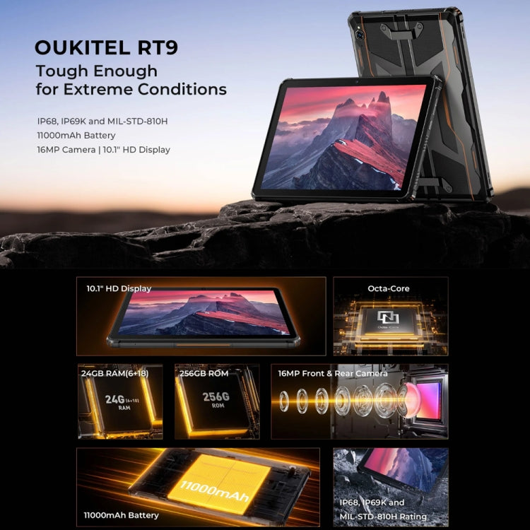 OUKITEL RT9 Tablet Robusto IP68/IP69K com Rede 4G, 6GB+256GB, 11 polegadas Android 14 Unisoc T606 Octa-Core Suporta Dual SIM, Plugue UE, RT9 6GB+256GB
