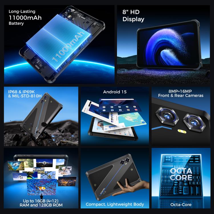 Tablet Robusto OUKITEL RT3 Plus 4G Network IP68/IP69K, 4GB+128GB, 8.0 polegadas Android 15 MediaTek G81 Octa-Core Suporte Dual SIM, Ficha UE, RT3 Plus 4GB+128GB