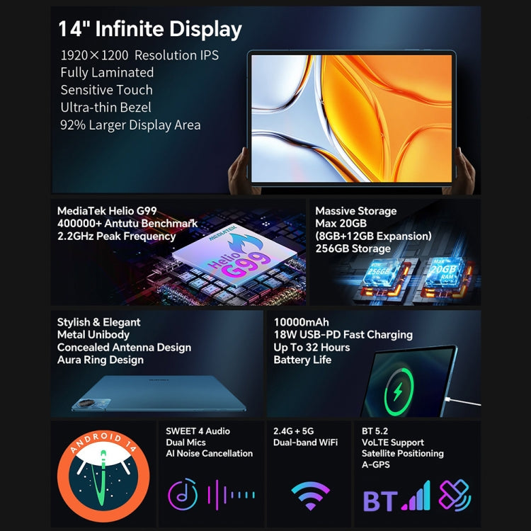 Tablet PC Teclast T70 4G LTE, 8GB+256GB, 14 polegadas Android 14 MediaTek Helio G99 Octa Core, Suporte para Dual SIM, T70