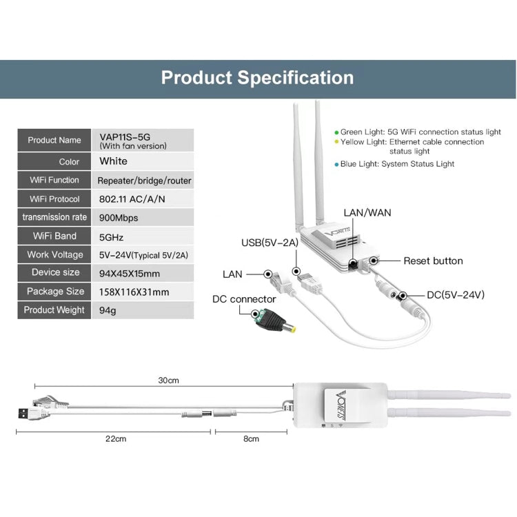 Ponte Sem Fios Mini VONETS VAP11S-5G 900Mbp Repetidor WiFi com 2 Antenas e Ventoinha