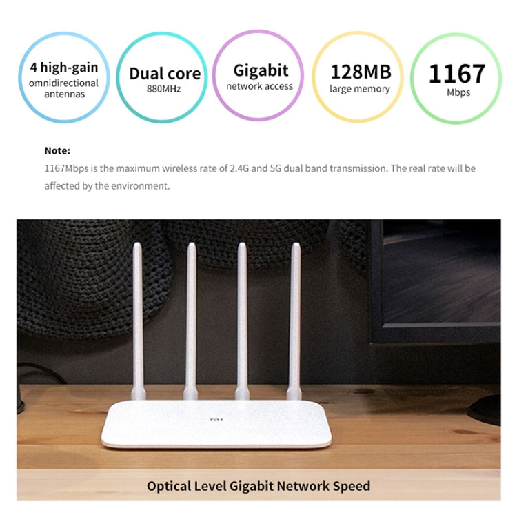 Router WiFi Original Xiaomi 4A Controle Inteligente por APP AC1200 1167Mbps 128MB 2.4GHz & 5GHz CPU Dual-core Porta Ethernet Gigabit Repetidor Sem Fios com 4 Antenas, Suporte Web & Android & iOS, Plugue US, 4A (CPU Dual-core)