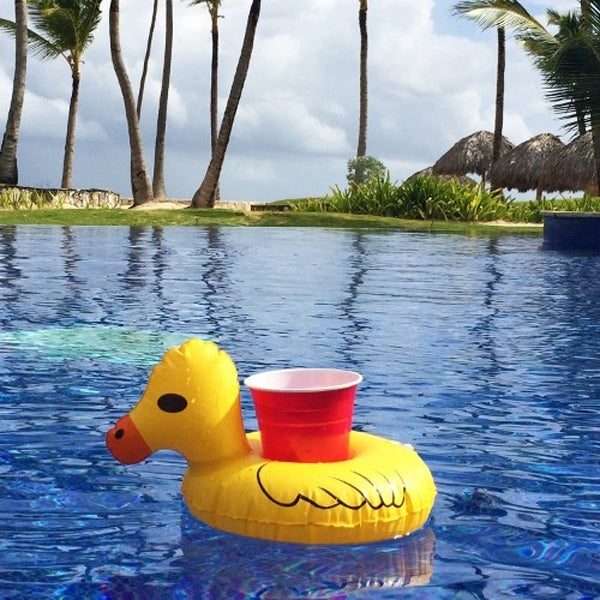 Porta-bebidas flutuante insuflável em forma de pato amarelo, tamanho insuflado: cerca de 23 x 19cm, pato amarelo