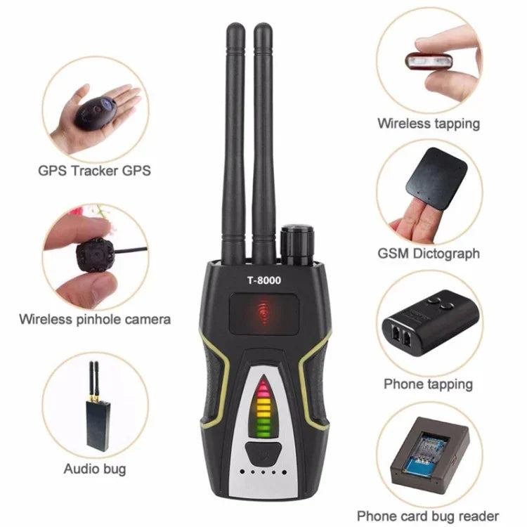 Detetor de Sinal RF T-8000 Localizador de Áudio GSM Detetor de Varredura GPS, T-8000 Prateado