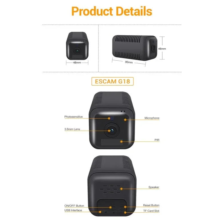 ESCAM G18 1080P Full HD Rechargeable Battery WiFi IP Camera, Support Night Vision / PIR Motion Detection / TF Card / Two Way Audio - Trustpick
