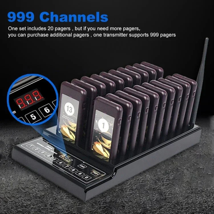 QC100 999 Channel Restaurant Wireless Paging Queuing Calling System with 20 Call Coaster Pagers, US Plug - Trustpick